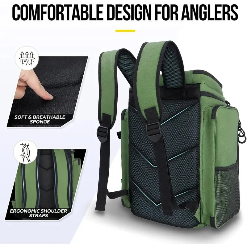 Sac à dos de pêche avec porte-cannes, grand sac résistant à l'eau pour ranger matériel de pêche, leurres et accessoires.